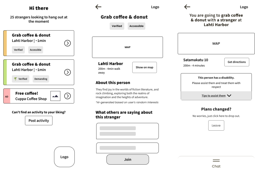 high-fidelity wireframes showcasing three different screens of the app: the main page, activity details, and activity joined -screen