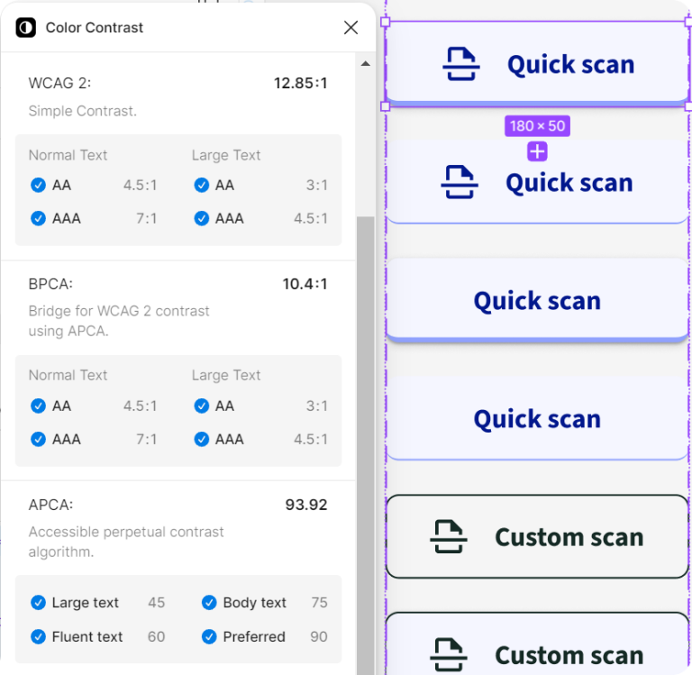 after-check screenshot of contrast checking in Figma design software. Vertical row of lightly colored and empty buttons with good contrast on the right. On the left, a contrast checking plugin window, where all the checks have passed