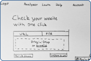 clarifui website homepage: navigation bar at the top, large title in the middle, under the title a file selection or URL input box and buttons for "Quick scan" and "Custom scan". In the bottom right corner there is a small popup advertising the Figma plugin.