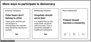 a modal User Interface titled "More ways to participate to democracy". There are two types of cards: initiatives with a short description and a link to sign it, and additional Pol.is statements with voting buttons